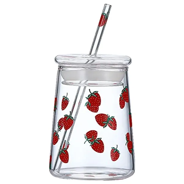 JHNIF 18 Oz Lovely Strawberry Clear Glass Tumbler with Lid and Straw.