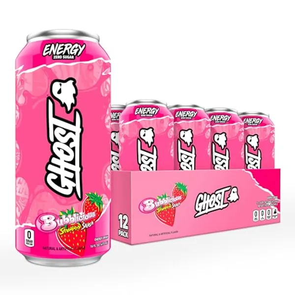GHOST Energy Drink - 12-Pack, Bubblicious Strawberry Splash, 16oz Cans - Energy & Focus, No Artificial Colors - 200mg of Natural Caffeine, L-Carnitine & Taurine - Gluten-Free & Vegan