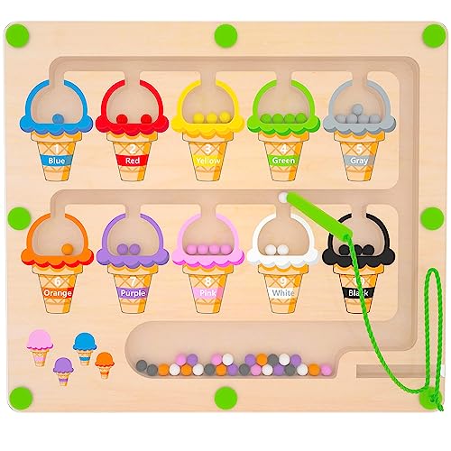 MTYOKILN Magnetic Color & Number Maze - Montessori Wooden Color Matching Learning Counting Puzzle Board - Toddler Fine Motor Skills Toys for Boys Girls 3 4 5 Years Old - Ice Cream