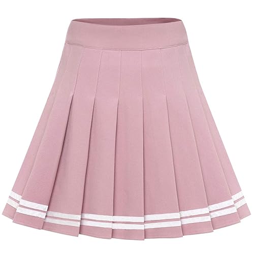 Dressystar Jupe Basique Femme Extensible Patineur Patineuse Pom-Pom Girl Mini Jupe Plissée - XL - 10rose Blanc Rayure