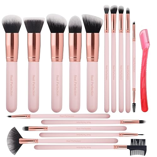 Real Perfection Makeup Brush Set 16 Pcs with 1 Eyebrow Razor Premium Synthetic Foundation Powder Concealers Eyeshadow Blush Makeup Brushes Make up Brushes Kit (Pink) - Pink