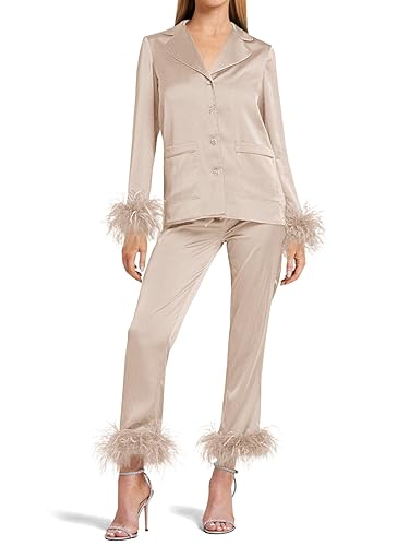 Women's Silk Satin Pajama Set Feather Trim Bridal Long Sleeve Pocketed Lounge Sets Sleepwear (Removable Feather) - Medium - Khaki