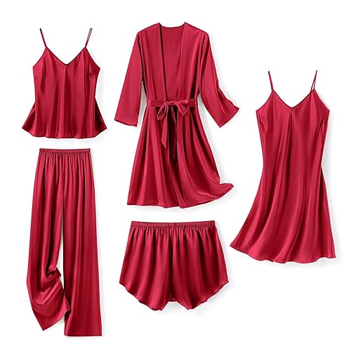 SAPJON Silk Pajamas for Women 5Pcs Sleepwear Loungewear Satin Robe Cami Shorts Pj Set - Wine Red - Medium