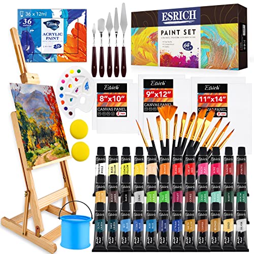 ESRICH Acrylic Paint Set,64PCS Painting Supplies with Wooden Easel,Paint Brushes,36Colors Acrylic Paint, Canvases,Palette,Paint Knives Etc,Painting Kit for Adults,Students,Hobbyists,Beginners - 64pcs 36colors painting kit