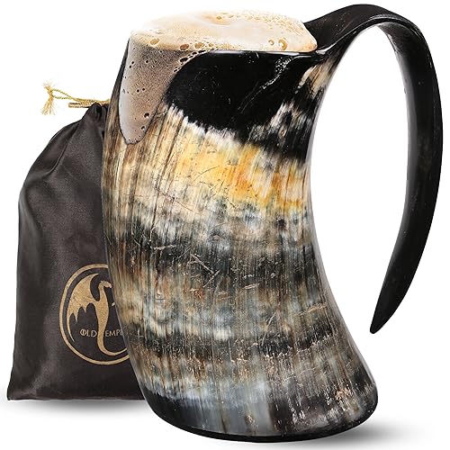 OLDEMPEROR Viking Horn Mug - 100% Authentic 16oz - Ultimate Unique Handmade Ox Horn Norse Mug for Hot & Cold Drinks- Viking Gift for Men and Women- Food Grade Medieval Style Man's Beer & Mead Cup… - Tableware