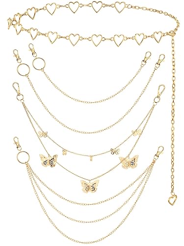 Jadive 5 Pieces Chain Belt Jeans Pants Chain Pocket Waist Chain Multi-Layer Hip Hop Metal Wallet Chain for Men Women - Butterfly, Heart, Gold