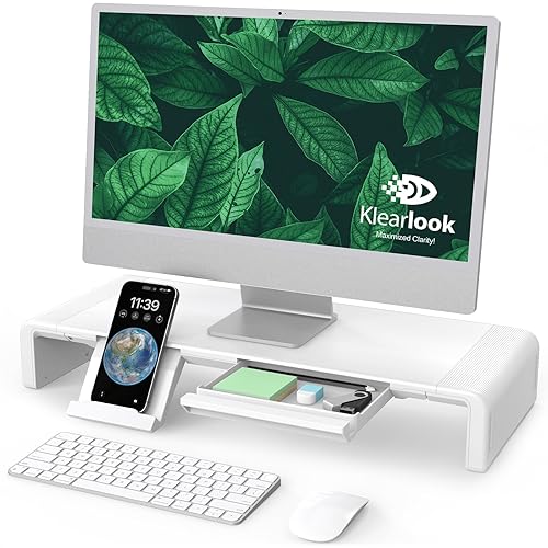 Monitor Desk Stand Riser with Smartphone&Tablet Stand Holder,Width Adjustable Desktop Computer Screen Stand Holder,Monitor Mount for Laptop,Computer,Notebook,i/Mac,P/C,White - White