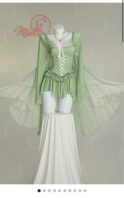 Sexy Elf Lingerie Set Green Ruffle Elegant Bodysuit and Necklace with Stockings