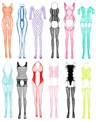 JDiction Women’s Lingerie BabyDoll Fishnet Bodysuit Sexy Nightwear(12 Pack) - 12 Pcs: Fluorescence Color 02