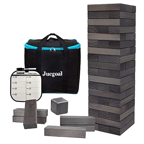 Juegoal 54 Pieces Giant Tumble Tower Blocks Game Giant Wood Stacking Game with 1 Dice Set, Gameboard, Canvas Bag for Adult, Kids, Family, Grey - Large - Grey