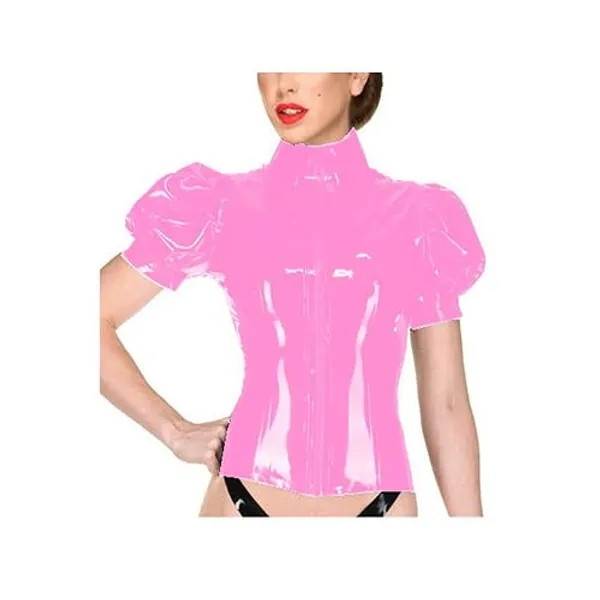 FASHION QUEEN Plus Size Zipper Puff Sleeve Tops Lady Wet Look PVC Bodycon Blouse - Large - Pink