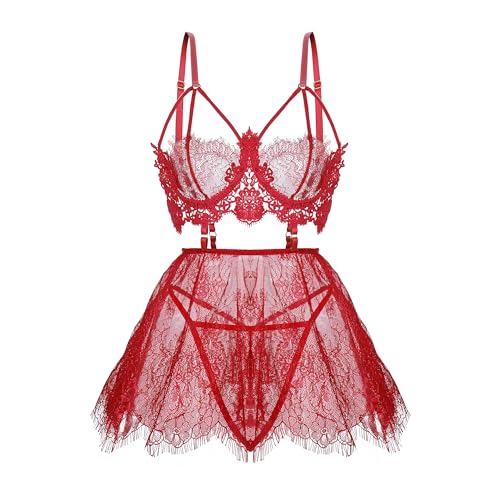 SPORCLO Plus Size Lingerie for Women Lace Black Babydoll Sexy Mesh High Waisted Nightdress Strappy Exotic Sleepwear - 3X-Large - Red