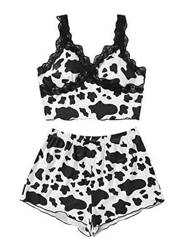 SweatyRocks Women's Summer Contrast Lace Cow Print Cami Top and Shorts Sleepwear Pajamas Set - X-Large - Cow Black White