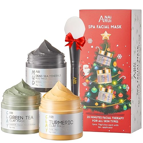 ANAI RUI Christmas Face Mask Gift Set, Turmeric Clay Mask - Green Tea Clay Mask - Dead Sea Minerals Mud Mask, Spa Facial Mask Set, Stocking Stuffers for Women 2.5 oz each - Red
