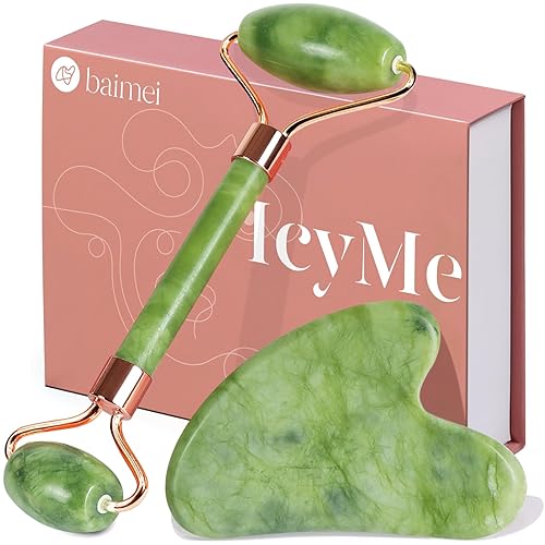 BAIMEI IcyMe Gua Sha & Jade Roller Facial Tools Face Roller and Gua Sha Set for Puffiness and Redness Reducing Skin Care Routine, Self Care Gift for Men Women - Green - Green