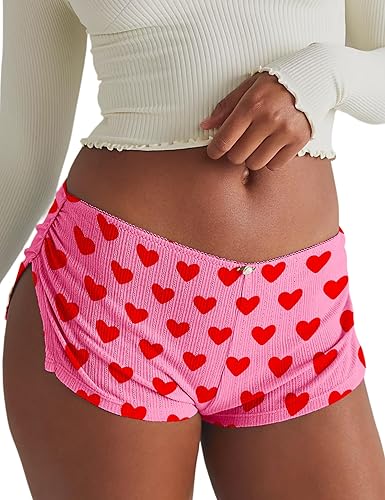 FaroDor Cute Micro Pajamas Shorts for Women Low Rise Side Slit Ruched Lounge Shorts Pj Bottoms - Heart Shaped - Medium