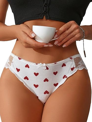SOLY HUX Women's Contrast Lace Heart Print Panties Bow Front Brief Underwear Panty - Medium - Red and White Heart