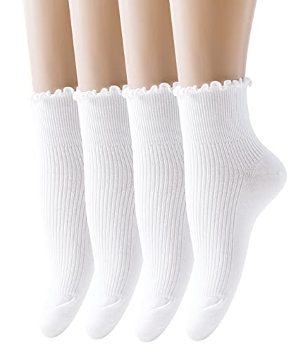 SEMOHOLLI Women Socks, Women Ankle Socks, Lovely double needle solid color Lace edge relent lady socks - 4 Pairs-white