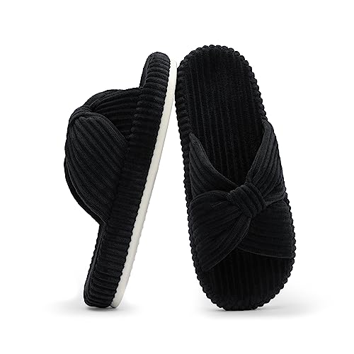 Chantomoo Slippers for Women Memory Foam House Bedroom Corduroy Bow Crossbands Slide Slipper Shoes Comfy Trendy Gift Slippers - 7-8 - Black