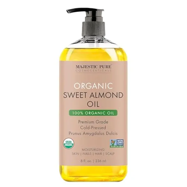 MAJESTIC PURE USDA Organic Sweet Almond Oil | 100% Pure & Natural Cold Pressed Oil Sweet Almond Oil for Skin, Face, Nails, Hair, Scalp & Massage | 8fl oz