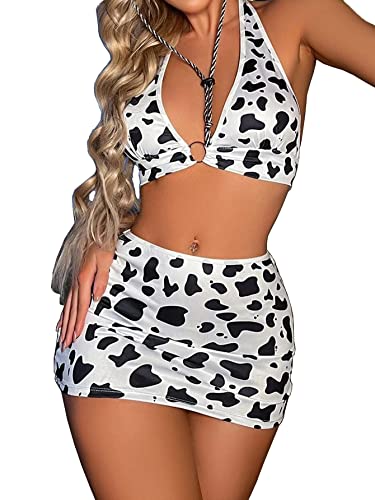 AdoreShe 3pack Women Sexy Lingerie Sets Cow Print Ring Linked Animal Costume Set - Black and White Large