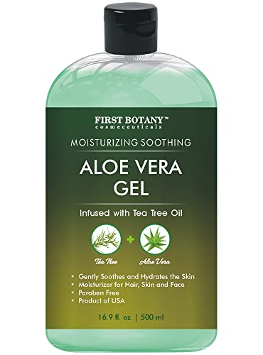 First Botany Aloe vera gel from 100 percent Pure Aloe Infused with Tea Tree Oil - Natural Raw Moisturizer for Hand Sanitizing Gel, Skin Care, Hair Care, Sunburn, Acne & Eczema -16.9 fl oz | 500 ml - Tea Tree