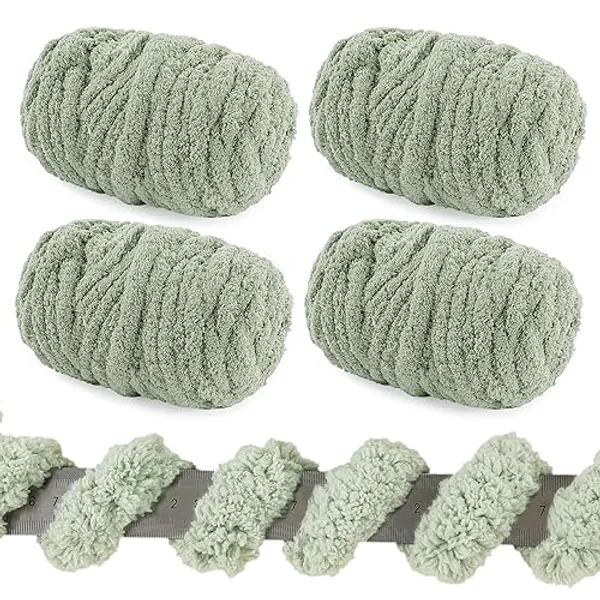 HOMBYS Bulky Chunky Chenille Yarn for Crocheting,Plush Thick Yarn for Arm Knitting,Fluffy Yarn,Soft Fuzzy Jumbo Yarn for Hand Knitting,Big Yarn 4 Pack, Sage Green (Each Skein 36yds,19oz)