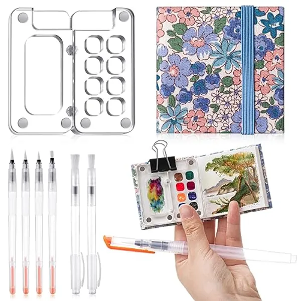 Chiisong 12 Pcs Mini Portable Watercolor Palette Set Including Acrylic 8 Grid Paint Box Watercolor Paper Pad Sketchbook 6 Paint Brushes 4 Binder Clips for Painters Artists Students(Summer Flowers)