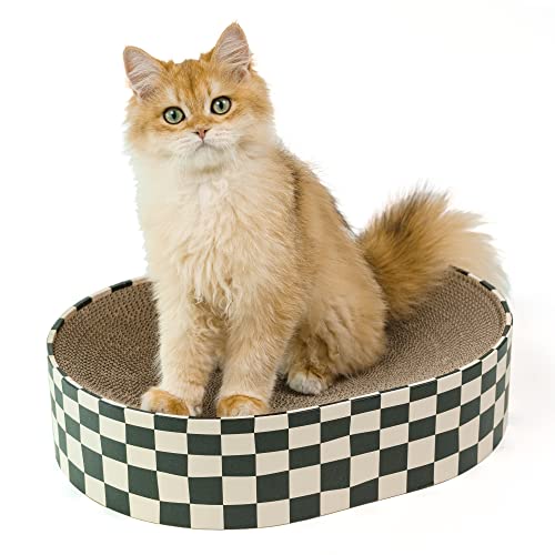 Conlun Cat Scratcher Cardboard,2 in 1 Oval Cat Scratch Pad Bowl Nest for Indoor Cats Grinding Claw,Round Cat Scratching Board Corrugated Lounge Cat Beds&Furniture Protector for Couch & Carpets & Sofas - Cat Scratcher Bed-Checkerboard