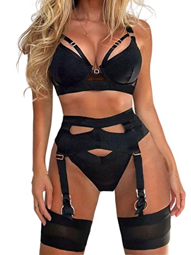 popiv Set di lingerie sexy da donna, 4 pezzi, reggiseno e mutandine, con reggicalze e polsini - M - Nero