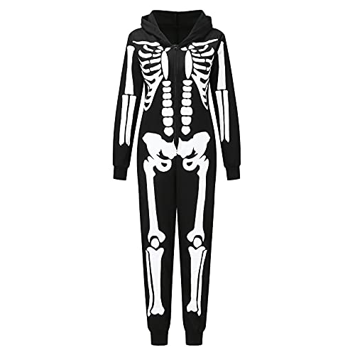 Riou Pigiama Famiglia Tuta Pigiama Set Pagliaccetto con Cappuccio con Stampa Teschio Onesie Pigiama per Papà Mamma Bambino Pigiama Famiglia Natale Pigiama Natalizio Halloween - L - Nero-mamma