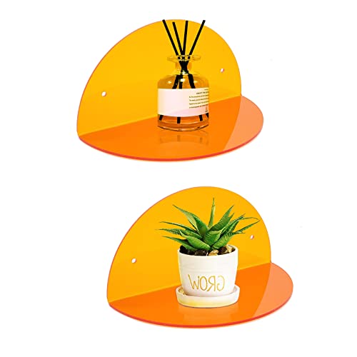 ROYALITA Acrylic Small Floating Shelves (2-Pack, 8-inch Diameter) - Wall Mounted Display Stand for Plants, Toys, Makeup, and More - Ideal for Home and Office, Orange - Orange