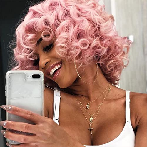 PHOENIXFLY Short Curly Wigs With Bangs Pink Afro Curly Synthetic Short Wigs for Black Women Short Pink Afro Curly Wigs For Women Short Wigs Heat Resistant Hair Replacement Wigs with Free Wig Caps - 14 Inch - Pink