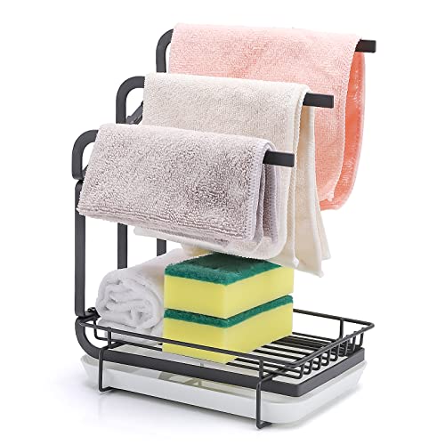 Sponge Holder with Drain Pan for Kitchen Sink Kitchen Towel Rack Sink Caddy Organizer for Dish Sponge Brush Soap Dishcloth Holder(Black)