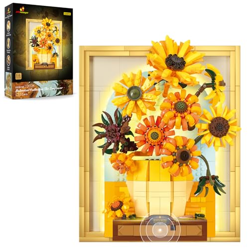 JMBricklayer Flowers Sunflower Building Sets for Adult with Lights 70004, Van Gogh Wall Art Crafts Ideas Flower Bouquet, Painting Frame for Room Decor, Birthday Gifts Ideas for Women Girls Teens 14+