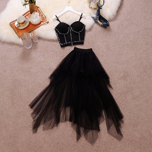 'Siren' Black Mesh Two Piece Diamante Goth Strap Bralet Top & Midi Skirt Set - Black / S