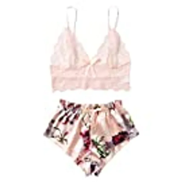 WDIRARA Women's 2Pcs Floral Lace Cami Top with Shorts Sleepwear Pajama Set