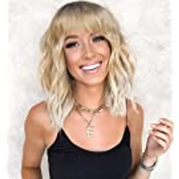 AISI HAIR Synthetic Wavy Curly Bob Wig with Bangs Brown to Blonde Ombre Wig Short Bob Wavy Hair Wigs for Women Synthetic Heat Resistant Bob Wigs