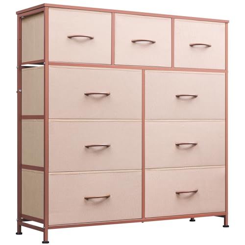WLIVE 9-Drawer Dresser, Fabric Storage Tower for Bedroom, Hallway, Closet, Tall Chest Organizer Unit with Fabric Bins, Steel Frame, Wood Top, Easy Pull Handle, Pink and Rose Gold - Pink - Modern