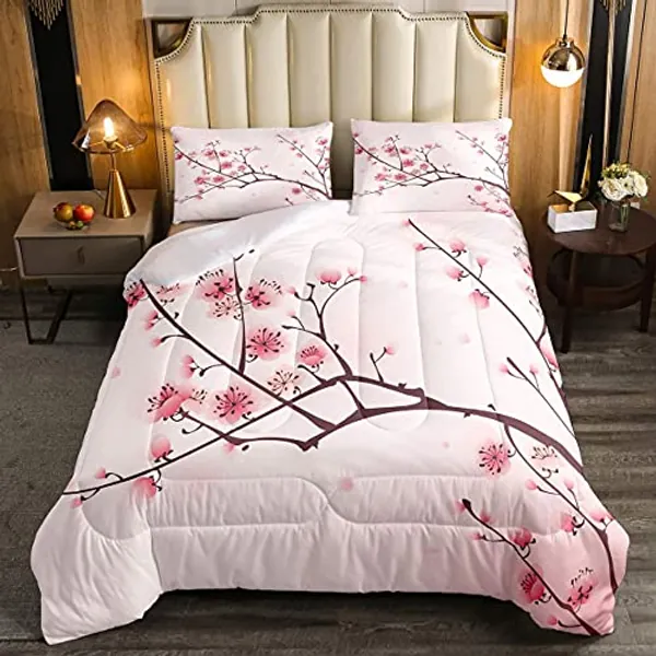 Erosebridal Cherry Blossoms Comforter Set Twin, Girl Pink Floral Down Comforter, Japanese Spring Bedding Set, Pale Pink Blossom Petal Quilted Duvet, Branch Floral Duvet Set for Women,Girly Romantic
