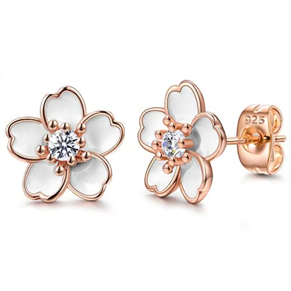 Pink Flower Earrings for Women, 925 Sterling Silver Stud Earrings, Cute Plumeria Earrings For Girl, Cherry Blossom Hypoallergenic Stud