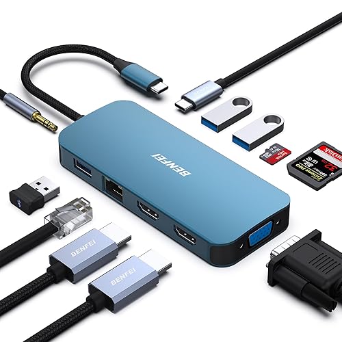 BENFEI 11-in-1 USB C Hub Triple Display Docking Station Dual HDMI, VGA, 3*USB 3.0, 1Gbps Ethernet, 100W Power Delivery, SD/TF Card Reader, 3.5mm AUX Audio Compatible with MacBook XPS Surface