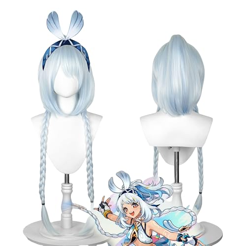TEMIHrbe Mualani Wig Game Genshin Impact Natlan Character Cosplay Silver-blue Gradient Wig with Free Bow Hair Wig
