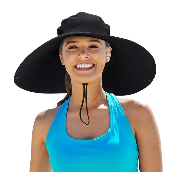 Leotruny Women Super Wide Brim Sun Hat UPF50+ Waterproof Bucket Hat for Fishing, Hiking, Camping - C04-black