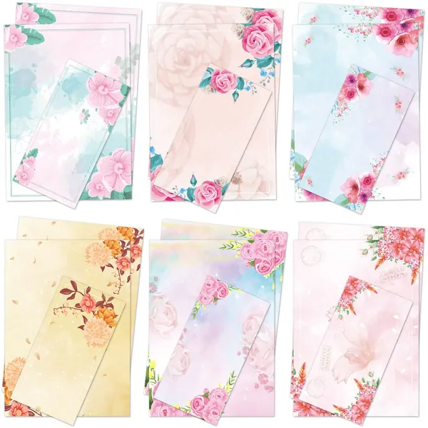 Watercolor Stationary Paper Set 48 Floral Double Sided Printing Japanese Stationery Paper With Envelopes Floral Letter Writing Paper for Office School Home - 