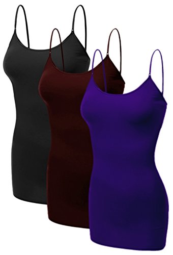 Emmalise Women's Basic Casual Long Camisole Adjustable Strap Cami Layering Top - 3X-Large - 3pk - Black, Burgundy, Purple
