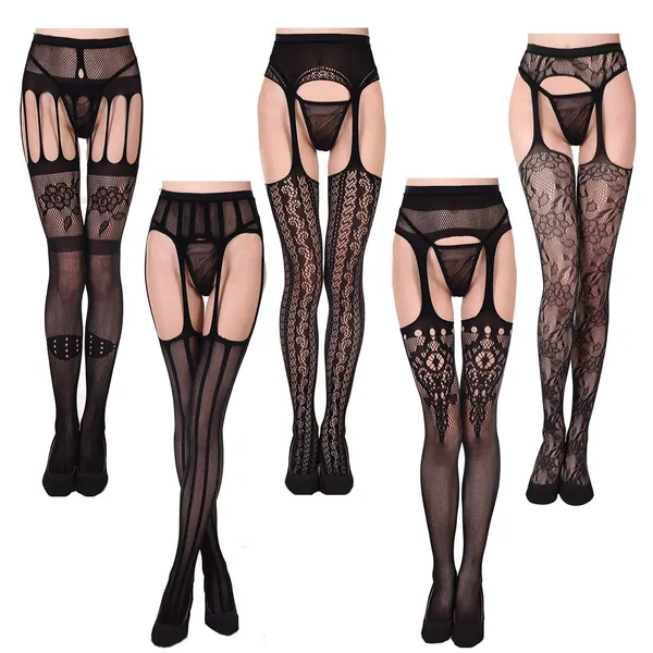 ASTARON 5 Pairs Womens Fishnet Tights,Lace Flowery Fishnets Stockings High Tights Mesh Stockings Suspender Pantyhos Black - 