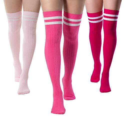 SERICI Thigh High Socks | Womens Striped Cotton Thigh High Tube Sock | Over Knee Boot Socks - Pink, Hot Pink, Fuscia