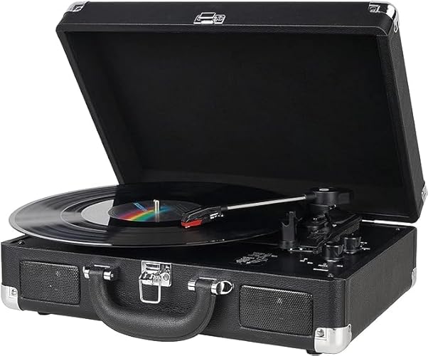 Mersoco Bluetooth Record Player, Vinyl Record Player, Bluetooth Player with Built-in Speakers, 3 Speed, Vintage Portable Case, with RCA/AUX-IN Output - Black/White