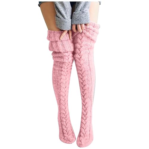 Kolylong® Overknee Socken Damen Warme Socken Wintersocken Grobstrick Stricksocken Damen Kniestrümpfe Socken Overknee Strümpfe Strumpfhosen Winter Strümpfe Stricken Kuschelsocken - Einheitsgröße - D Rosa